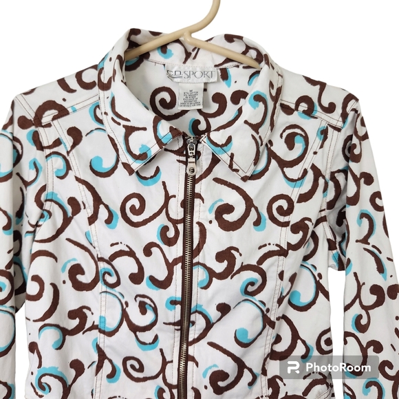 C.D.Sport Y2K Vibe Ivory, Chocolate & Turquoise Cropped Tailored Print Jacket M - Picture 4 of 11